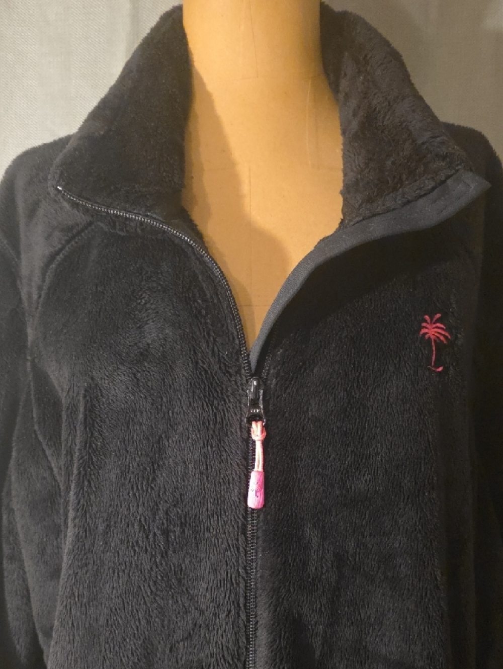 Lilly Pulitzer Black Plush Zip Jacket with Pink Palm Detail - Picture 2 of 5
